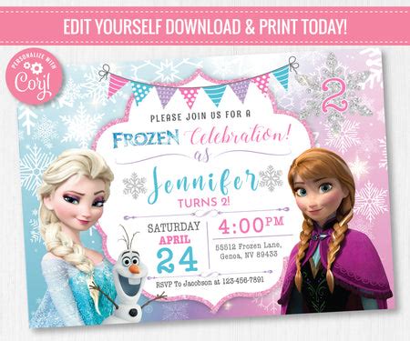 Frozen Birthday Invitation Template | Editable | Printable | Instant D ...