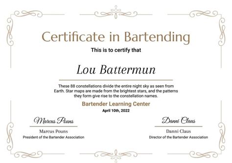 Free Ornamental Bartender Learning Certificate Template