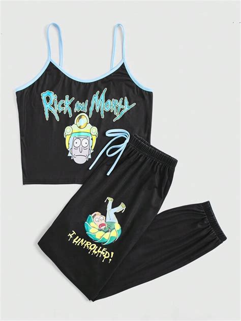 Rick And Morty ROMWE Plus Cartoon Graphic Contrast Binding PJ Set