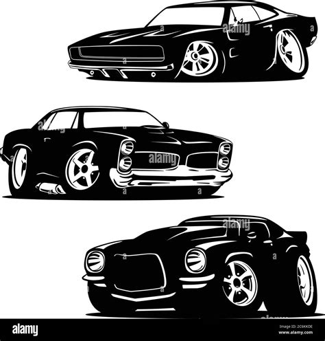 Muscle Cars Cartoons Silhouette Set Isoliert Vektor Illustration Stock