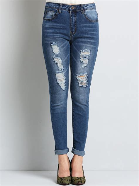 Blue High Waist Ripped Denim Pant SheIn Sheinside Ripped Denim