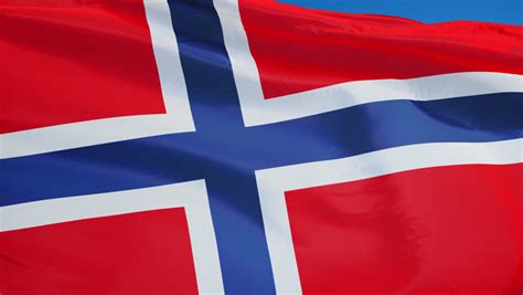 Red With Blue Cross Norwegian National Flag Is Slowly Waving In The ...