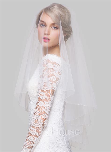 Two Tier Beaded Edge Fingertip Bridal Veils With Beading 006076541