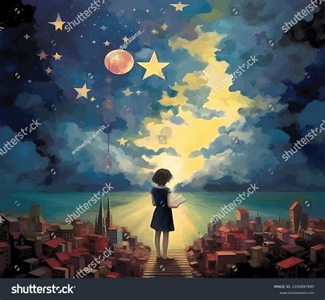 Anime Girl Under Starry Night Digital Stock Illustration 2350697895 ...