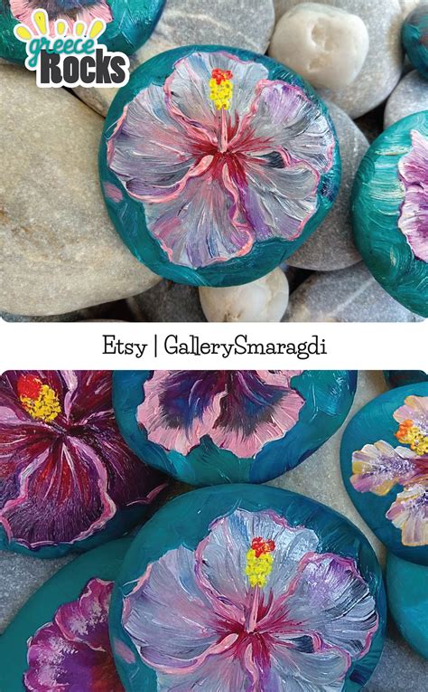 Decorative Rock Painted Hibiscus Flower On A Rock Fridge Magnet Oil