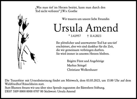 Traueranzeigen Von Ursula Amend Vrm Trauer De