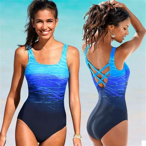 Hot Gradient One Piece Swimsuit Women Vintage Swimwear Criss Cross Back