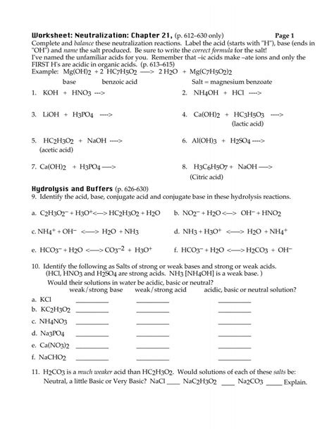 Neutralization Reactions Worksheet Answers