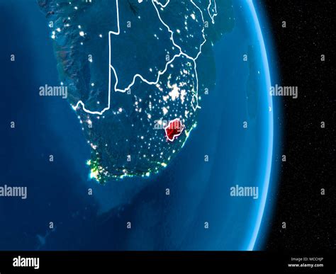 Lesotho From Orbit Of Planet Earth At Night With Visible Borderlines