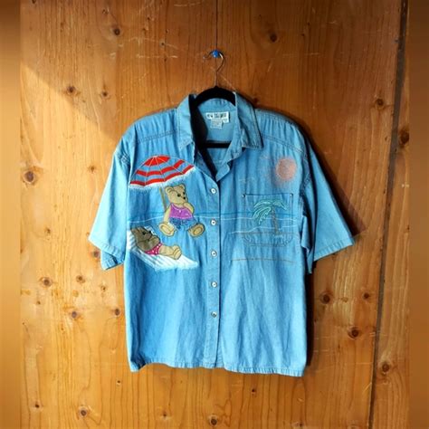 Together Tops Together Viintage Light Blue Cotton Embroidered Bear