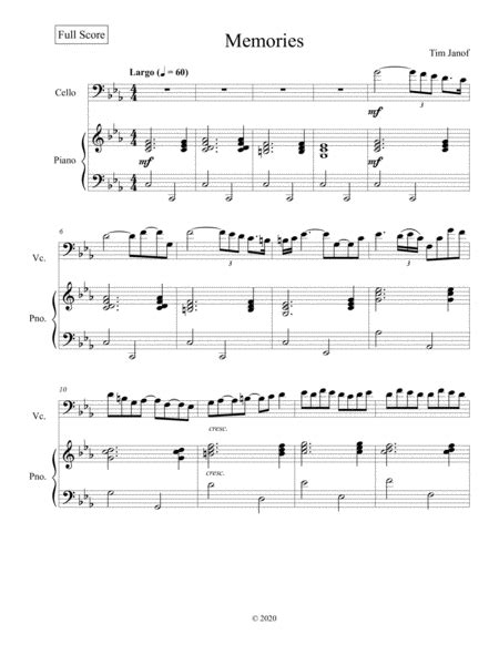 Memories For Cello And Piano By Tim Janof Sheet Music For Cello And