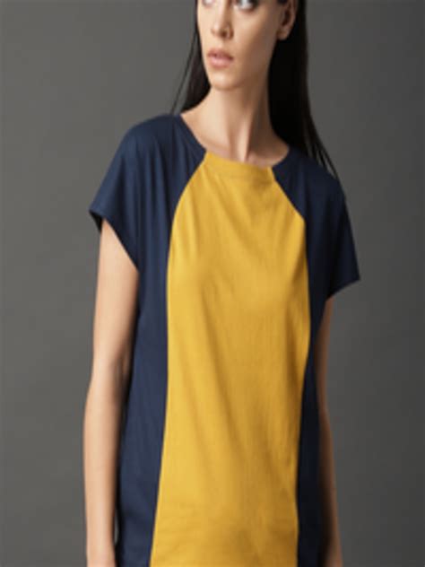 Buy Roadster Women Mustard Yellow Navy Colourblocked Round Neck Pure