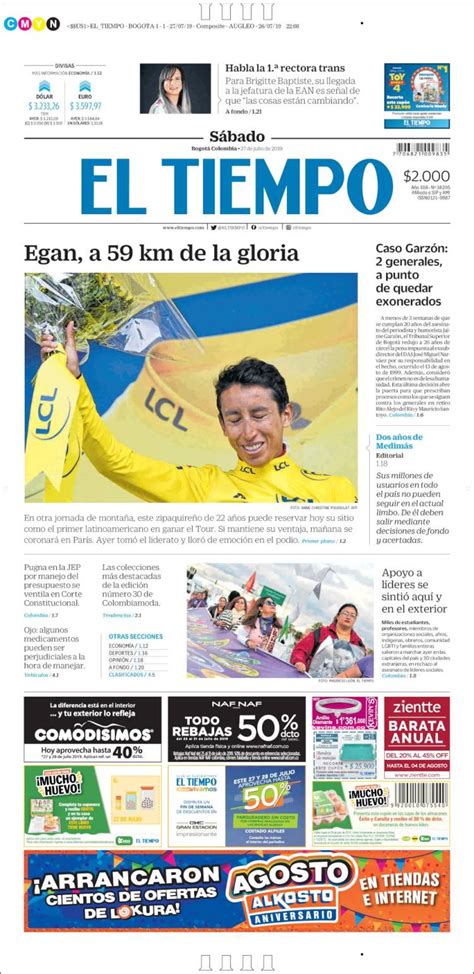 Periódico El Tiempo Colombia Periódicos De Colombia Edición De Sábado 27 De Julio De 2019