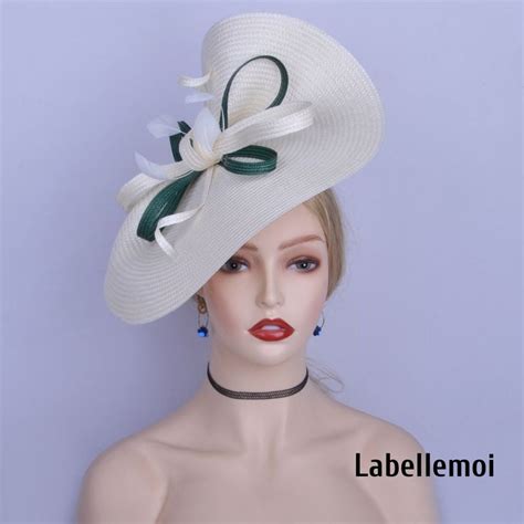 New Ivory Cream Emerald Green Fascinator Large Saucer Hatinator Church