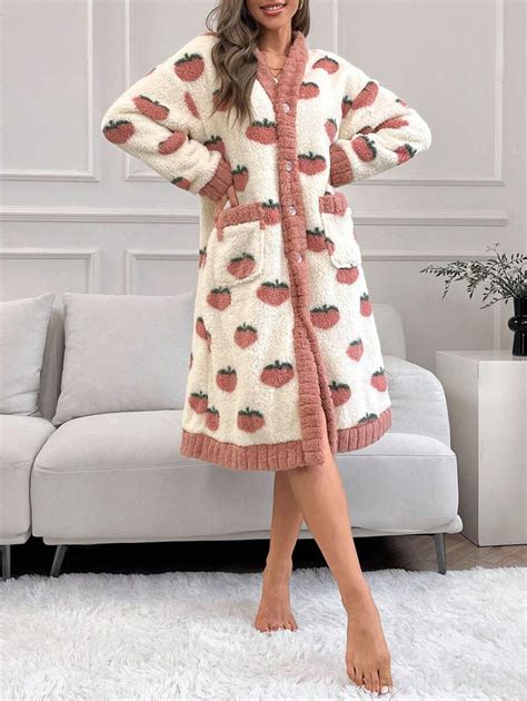 Strawberry Pattern Drop Shoulder Belted Flannel Sleep Robe SHEIN USA