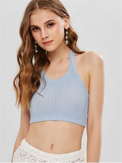 [18 Off] 2021 Halter Knot Knitted Crop Top In Light Blue Zaful