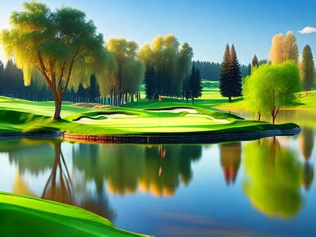 A Painting Of A Golf Course With Water And Trees Image Design Id