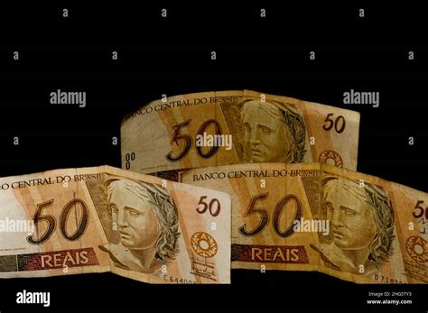 Fifty Real Note With Hand Holding Brasilian Money Dark Background And