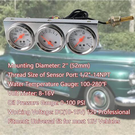 Triple Gauge Kit Oil Volt Water Gauge 2 52mm Chrome Panel 3in1 Car