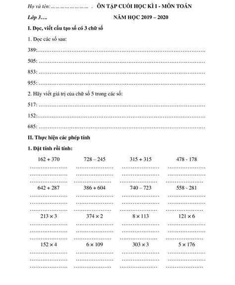 Đề Cương ôn Tập Cuối Học Kì 1 Toán Lớp 3 Với Các Dạng Câu Hỏi