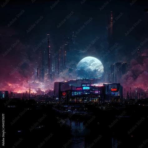 Digital render of a futuristic dystopian demolished cyberpunk city at ...