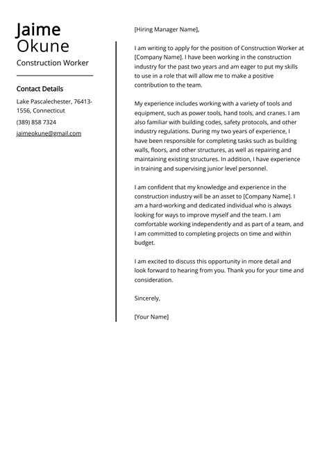 Construction Worker Cover Letter Example Free Guide