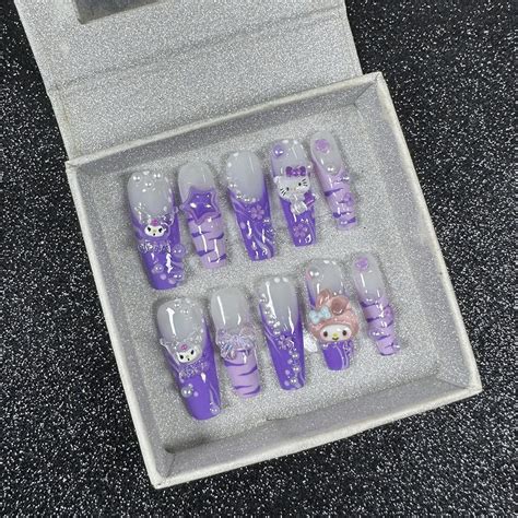 Kawaii Long Square Hellokitty Handmade Fake Nails Cinnamoroll Mymelody Kuromi Spice Girl