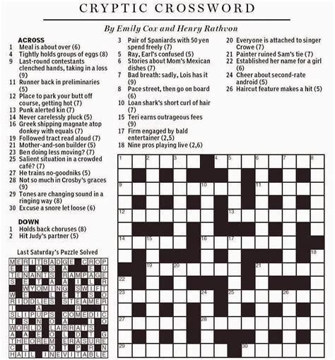 Wall Street Journal Crossword Puzzle Printable | Printable Crossword ...