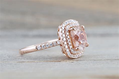 14k Rose Gold Cushion Pink Morganite Diamond Double Halo Engagement Ri