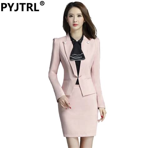 Pyjtrl Brand Two Piece Set Pink Office Uniform Designs Women Elegant