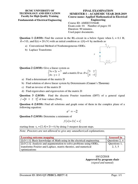 Applied Mathematical In Electrical Engineeringfinal Exam Semester I