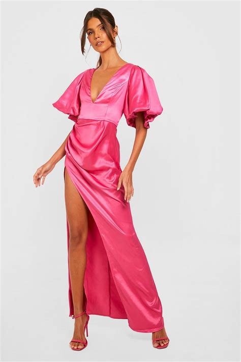 Womens Satin Puff Sleeve Plunge Maxi Dress Boohoo Uk