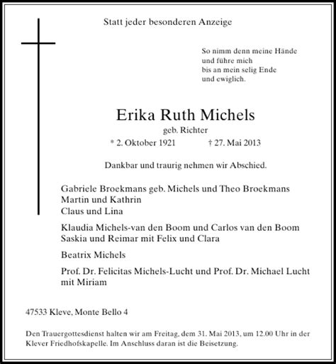 Alle Traueranzeigen F R Erika Ruth Michels Trauer Rp Online De