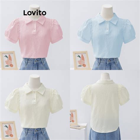 Lovito Casual Plain Button Lettuce Trim Blouses For Women L68ED018