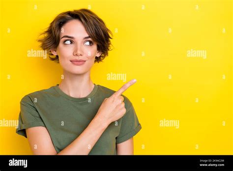 Photo Of Gorgeous Satisfied Girl With Bob Hairstyle Wear Khaki T Shirt