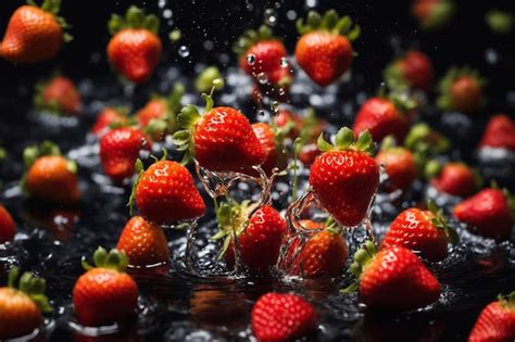 Fresas Cayendo Al Agua Con Salpicaduras Sobre Fondo Negro Foto Premium