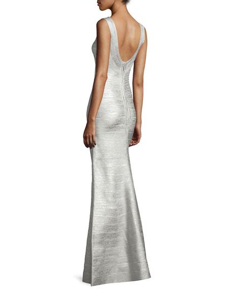 Herve Leger Scoop Back Flared Bandage Gown Silver