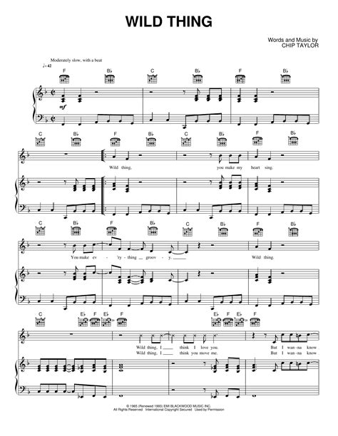 Wild Thing Sheet Music The Troggs Piano Vocal And Guitar Chords Right Hand Melody