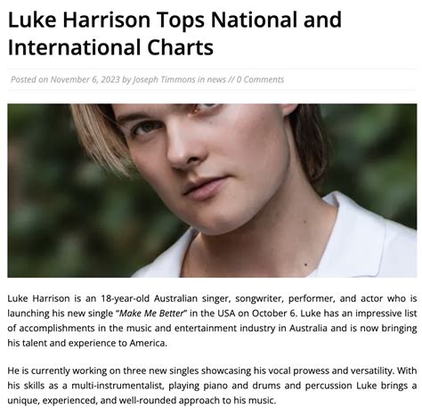 Luke Harrison Tops National And International Charts Luke Harrison