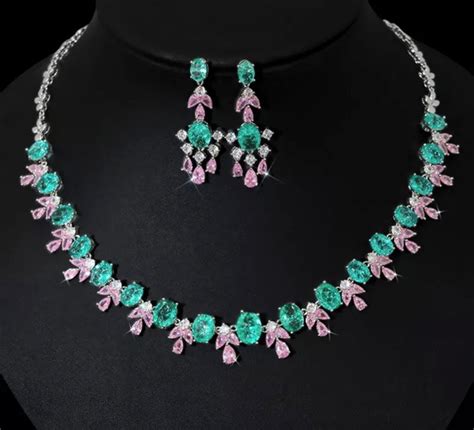 Conjunto De Colar E Brinco Zirconia Cubica Verde E Rosa Elo