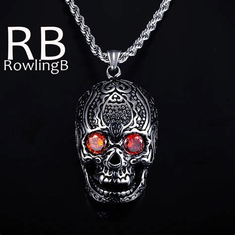 Stainless Steel Punk Skeleton Necklacesandpendants Silver Color Red Eyes Skull Necklace Pendants