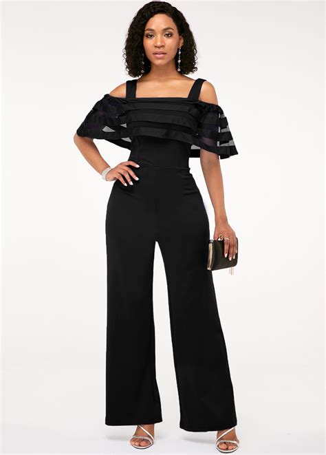 Black Long Off Shoulder Half Sleeve Straight Leg Jumpsuit Rosewe