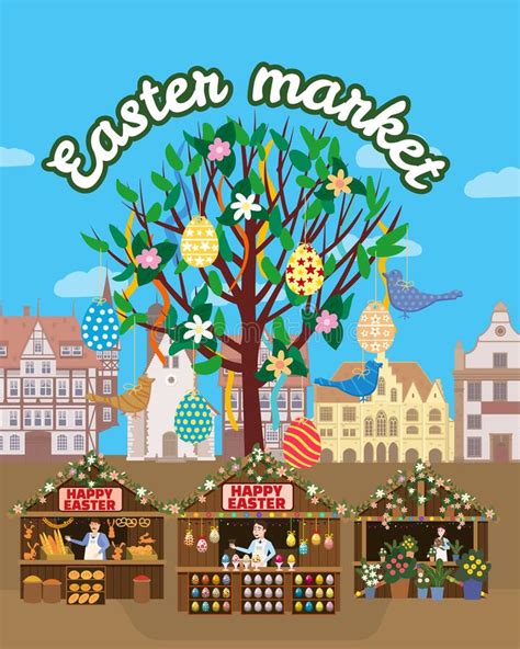 Easter Market Poster Holiday City Spring Fair Easter Tree Wooden