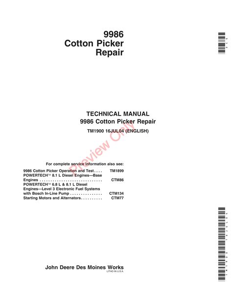 John Deere 9986 Cotton Picker Technical Manual TM1900 16JUL04