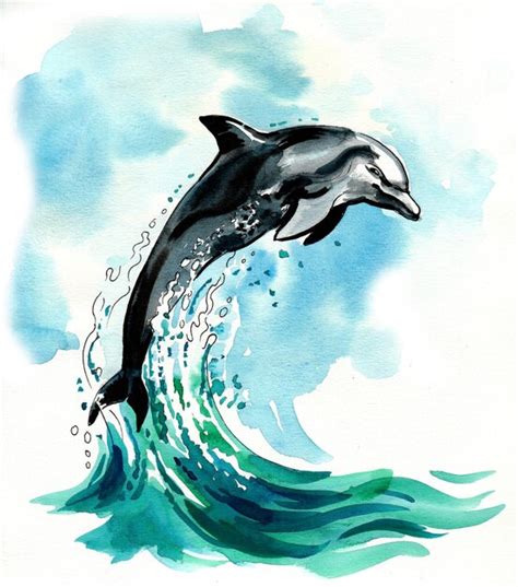 Premium Photo | Jumping dolphin. ink and watercolor drawing