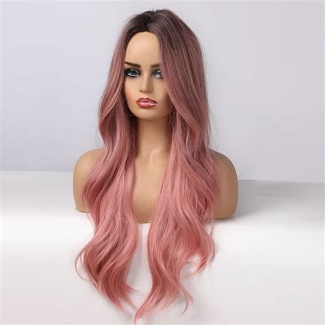 Ombre Black Pink Long Wavy Synthetic Wigs For Women Natural Middle