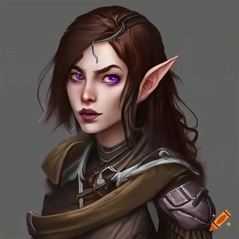 Female Half Elf Rogue Dark Brown Hair Purple Eyes Portrait 4k High