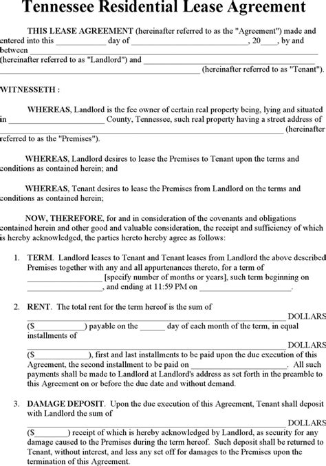 Free Tennessee Residential Lease Agreement Form Pdf