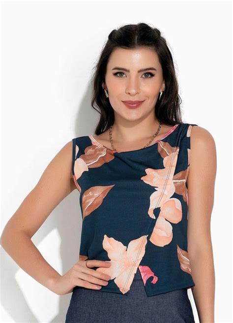 Regata Floral Marinho Fenda Moda Evangélica Rosalie