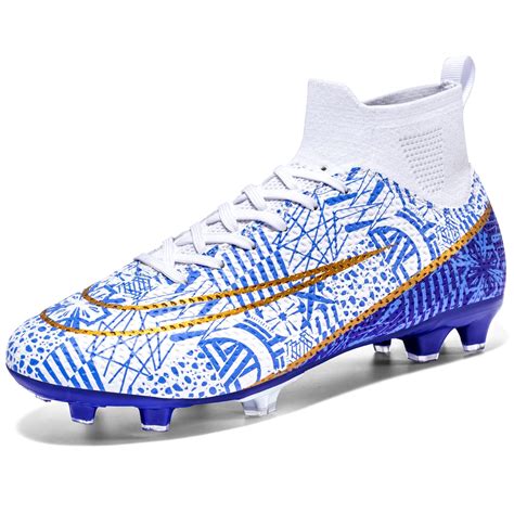 Biayvisas High Ankle TF FG Football Boots White Blue - Unisex Turf Soccer Cleats